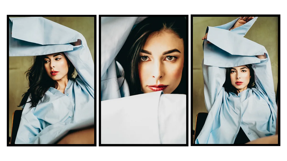 Triptych: woman with dark hair and red lips in an oversized pale-blue shirt, arms raised, against an olive-green wall