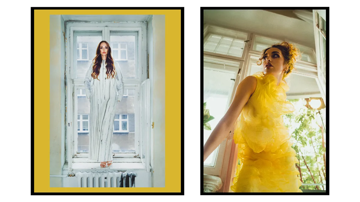 Diptych: woman in a long striped dress standing in an old window, and a yellow ruffled dress shot from below beside a window
