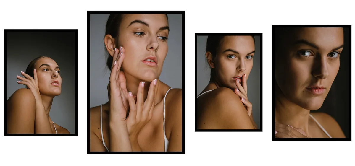 Four close portraits of a woman with hair pulled back and bare shoulders, one hand at her face, against a soft grey backdrop