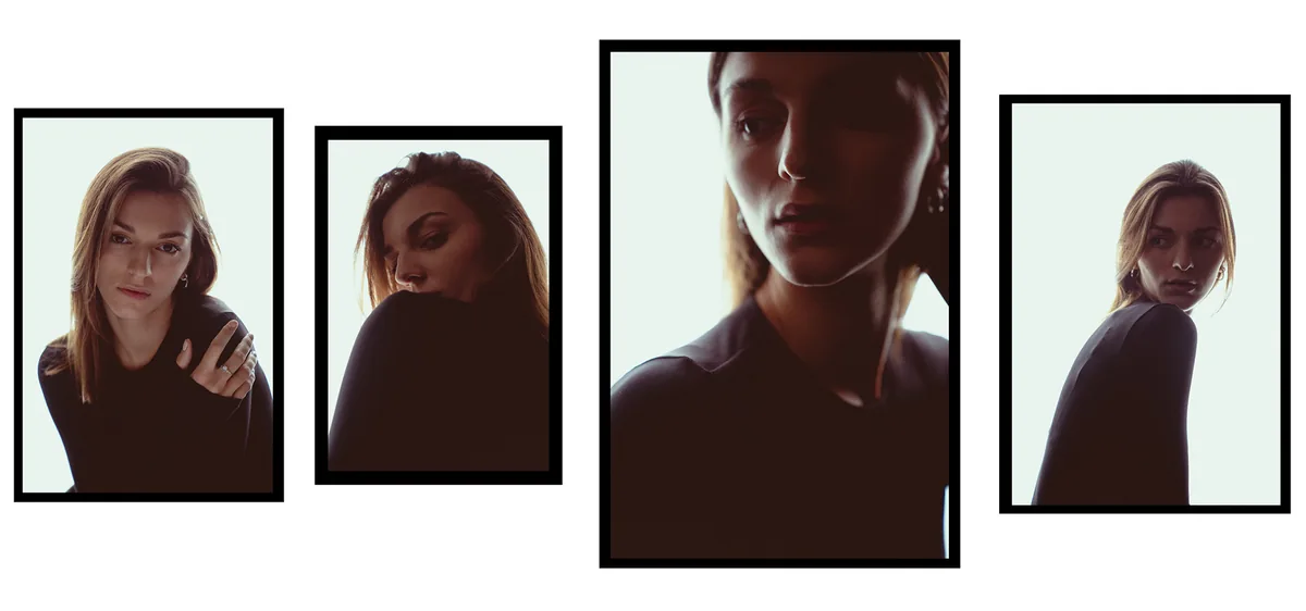 Four backlit portraits of a woman in a black top with shoulder-length hair, face in soft shadow against a pale background