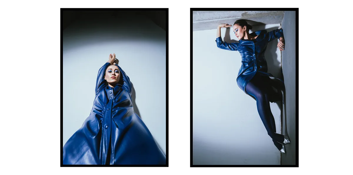 Diptych: woman in a blue leather dress, arms raised above her head, then braced in silver heels against concrete walls