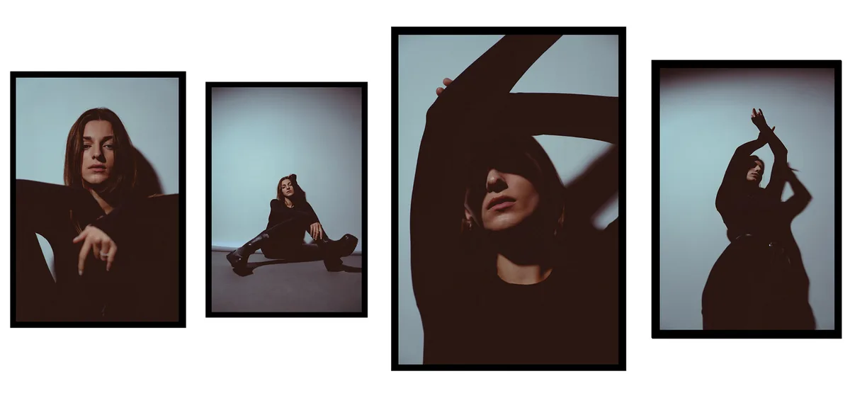 Four frames of a woman in black against a pale blue-grey wall: seated, arms raised, face half hidden, motion blur