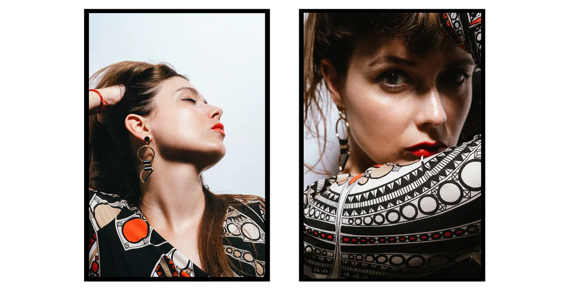 Diptych: woman with red lips and drop earrings in a black, white and red geometric-print top, in profile and in close-up