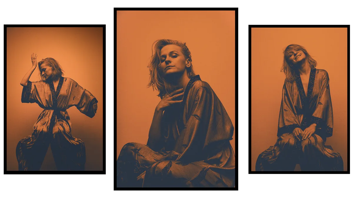 Triptych in orange and navy tones: woman with tousled light hair in a satin kimono-style robe, in motion, posing, smiling