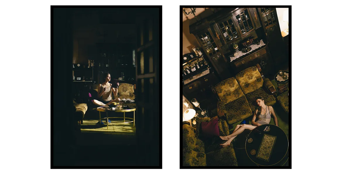 Diptych: woman in a vintage living room with olive-gold sofas and a dark wooden cabinet, seen through a door and from above