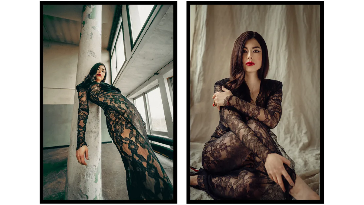 Diptych: woman in a black lace dress with red lipstick, leaning on a pillar in a loft, and seated on draped fabric