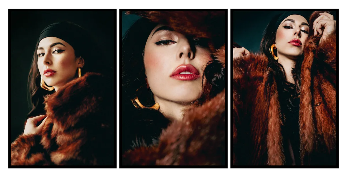Triptych: woman with winged eyeliner, red lips and gold hoops in a rust-brown fur coat and black headband, on a dark backdrop