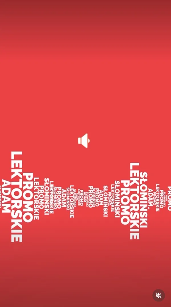 Reel: red card with white text “promo lektorskie” (voiceover promo) arranged into a sound waveform