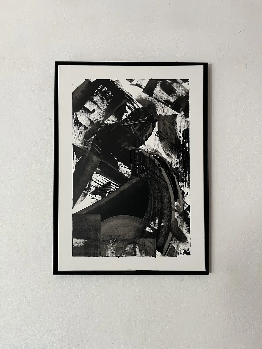 FENESTRA, acrylic on canvas, 50x70 cm — angular black brushstrokes on white canvas, thin black frame