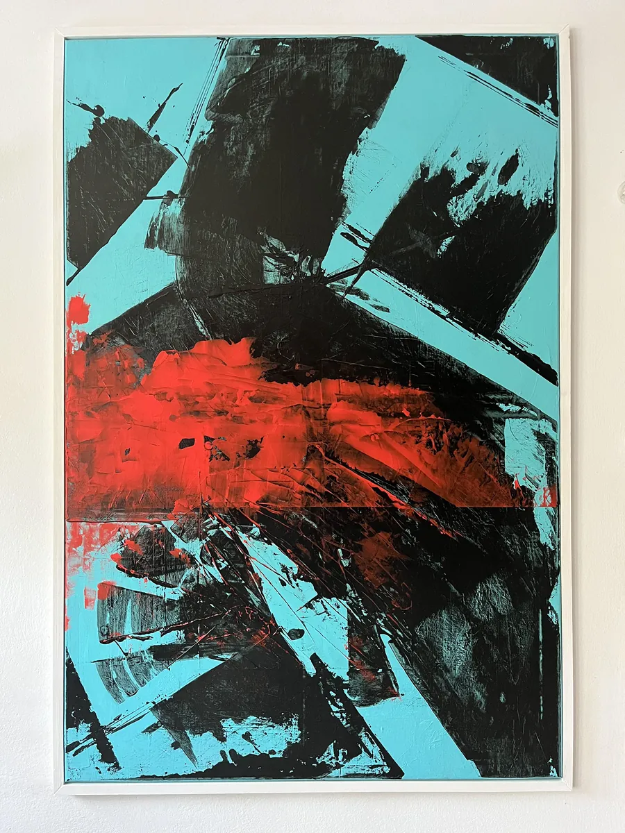 TRES, acrylic on canvas, 100x150 cm — black strokes and a red band on a turquoise ground, white frame