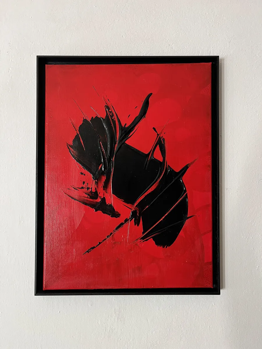 LYNCH, acrylic on canvas, 30x40 cm — thick black paint with sharp streaks on an intense red ground