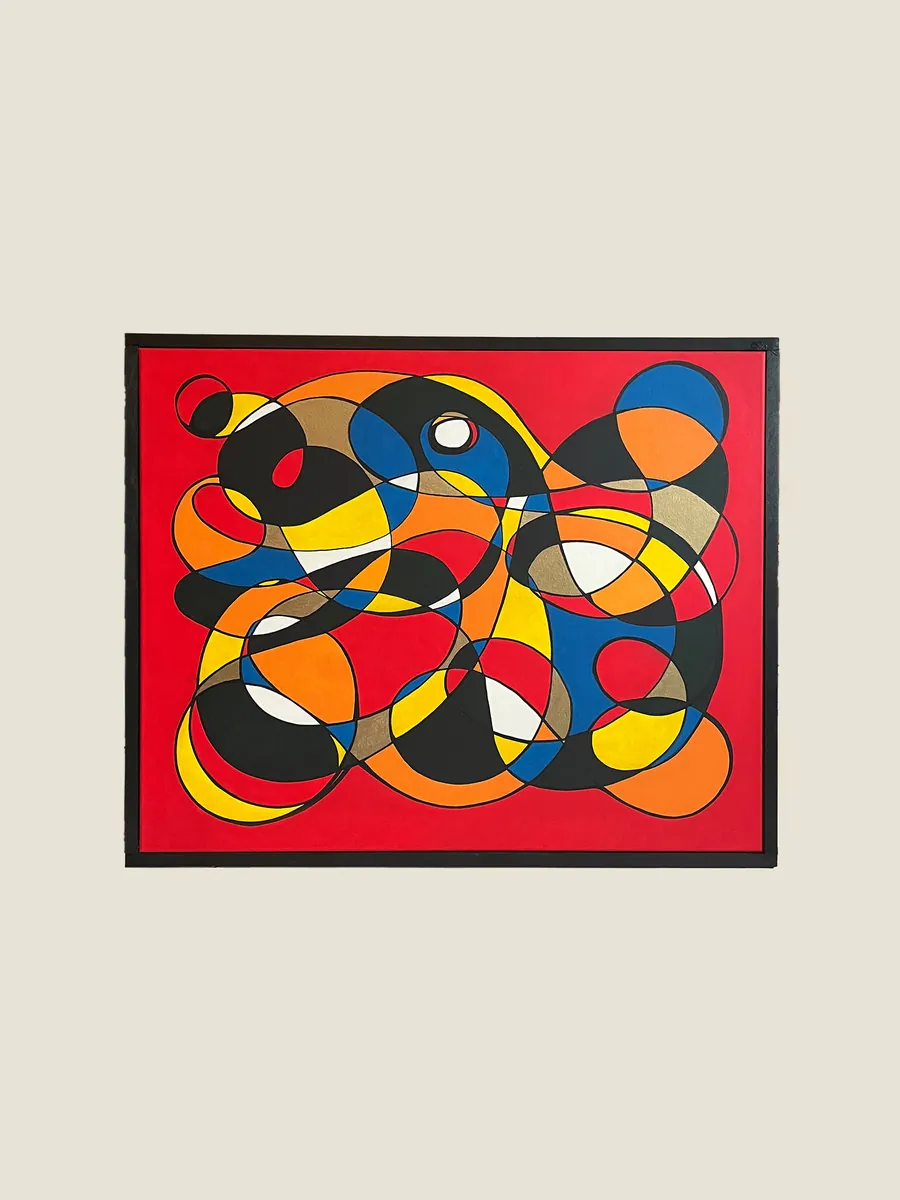 VERTIGO I, acrylic on canvas, 100x80 cm — dense tangle of black lines and coloured loops on red, black frame