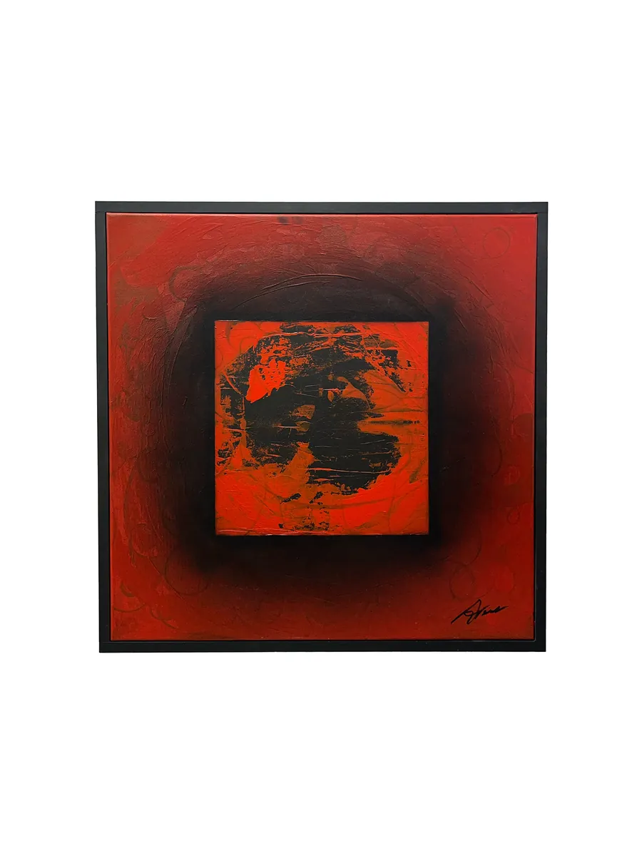 LYNCH II, acrylic on canvas, 80x80 cm — a red field with a dark halo around a smaller central square