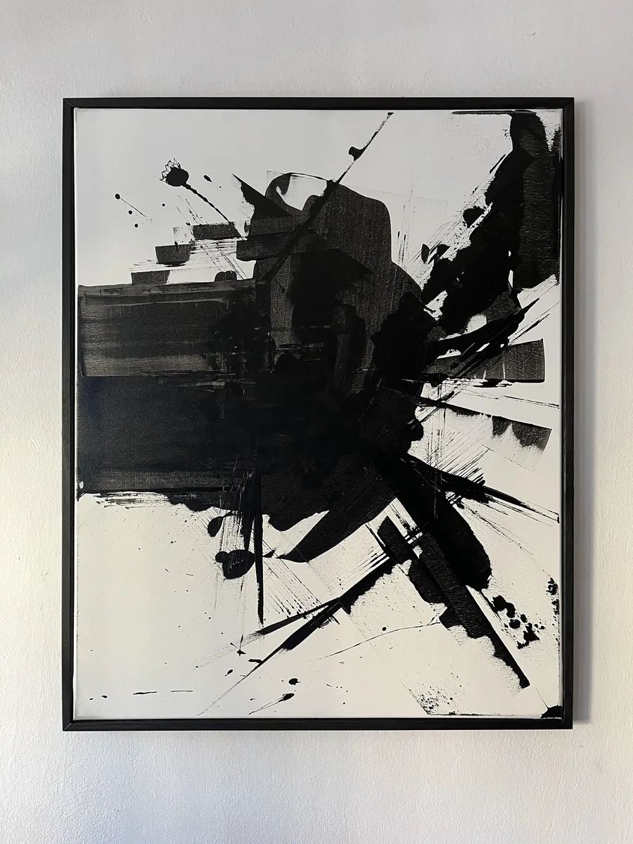 CAMERA OBSCURA, acrylic on canvas, 80x100 cm — dynamic black mass with streaks and drops on white, black frame
