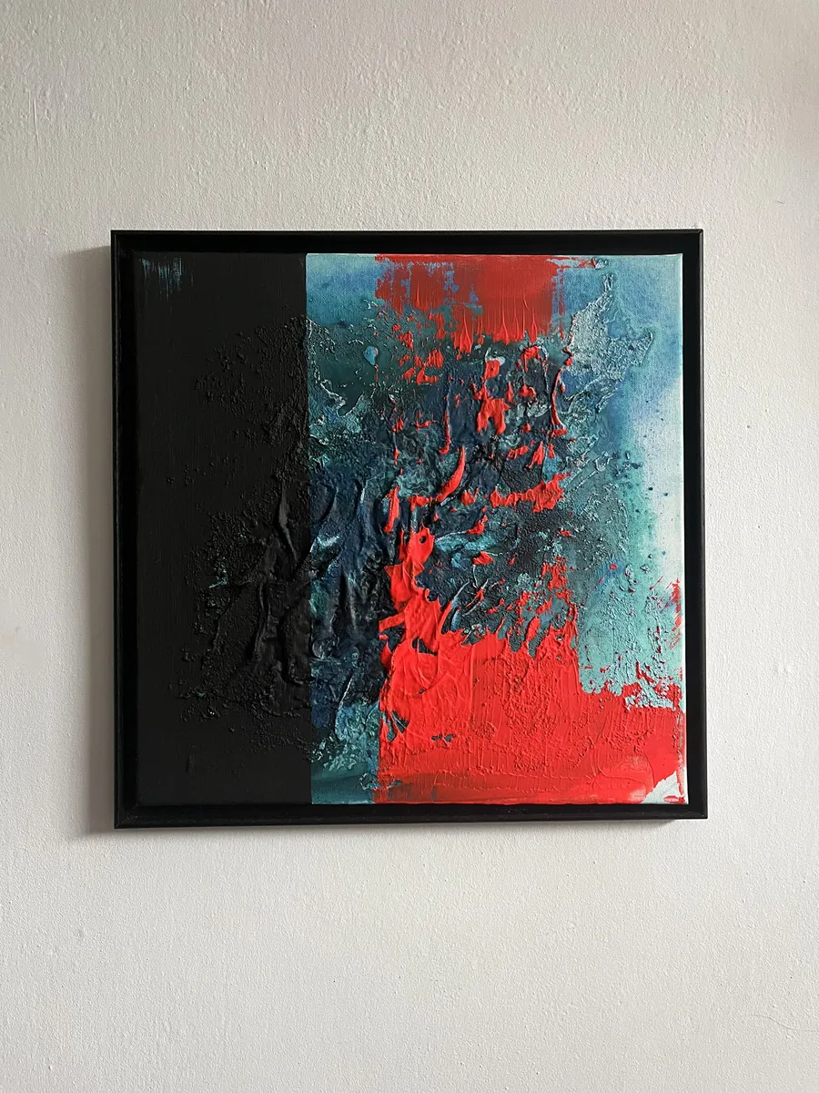 DOS, acrylic on canvas, mixed media, 38x38 cm — black panel beside a dense blue and red texture