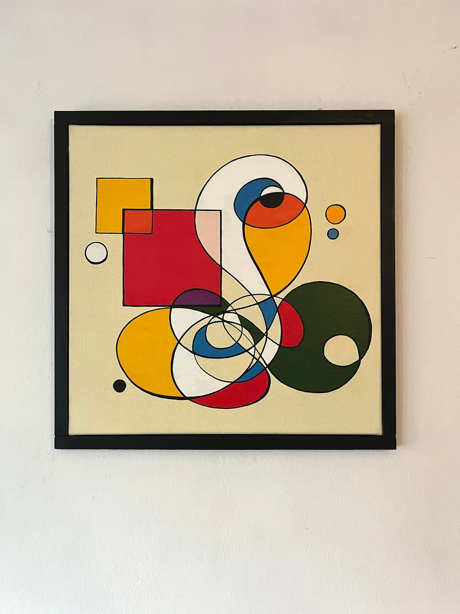 VERTIGO II, acrylic on canvas, 50x50 cm — red and yellow squares and curved shapes on a cream ground, black frame