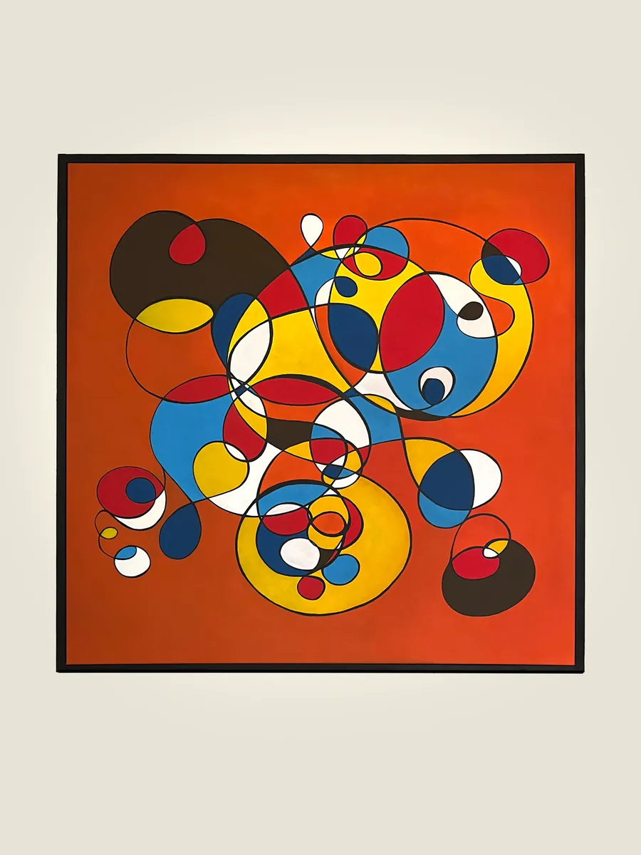 VERTIGO III, acrylic on canvas, 120x120 cm — tangled circles in yellow, red and blue on an orange ground