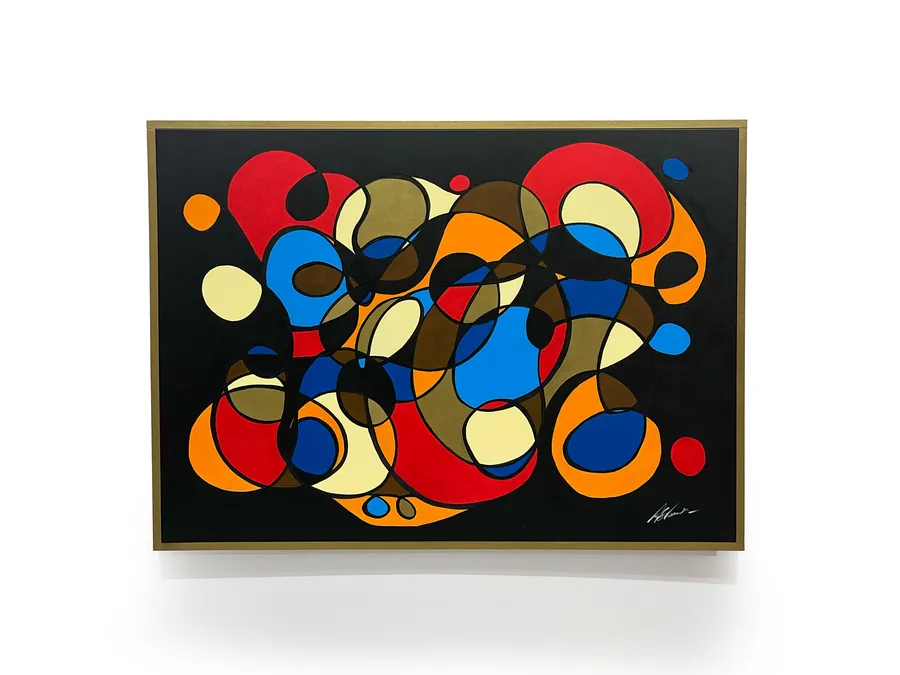 VERTIGO IV, acrylic on canvas, 140x100 cm — interlocking ovals in red, blue and orange on black, golden frame