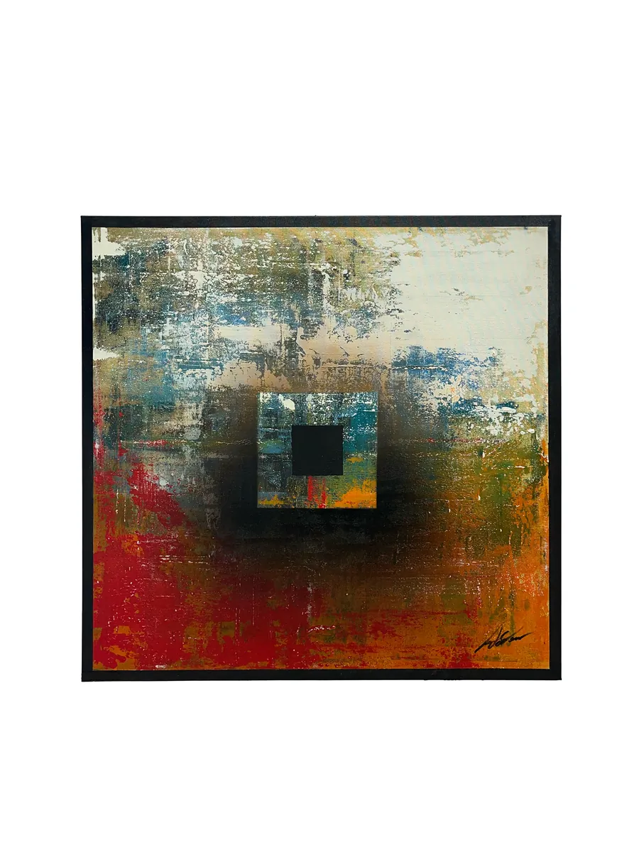 THE COMFORT ZONE, acrylic on canvas, 100x100 cm — scraped layers of blue, ochre and red around a small inset square