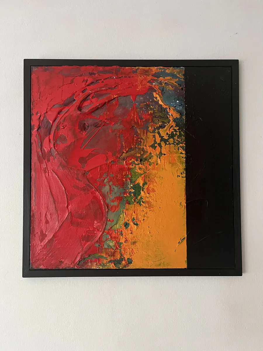 UNO, acrylic on canvas, mixed media, 60x60 cm — red and orange texture beside a black band