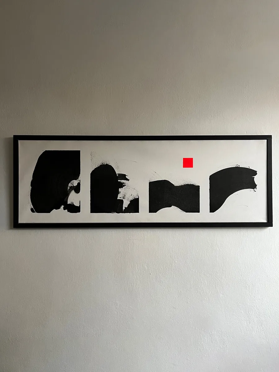 WABI-SABI I, acrylic on canvas, 120x40 cm — four black shapes in a row and a small red square on white