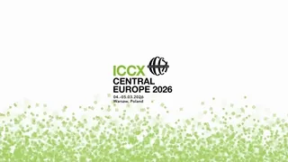Event film ICCX Central Europe 2026: white title card with the logo, the dates and green squares